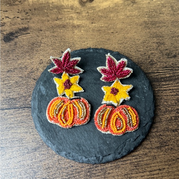 Beaded Pumpkin and Leaf Autumn Earrings, Fall Fashion - Picture 1 of 4